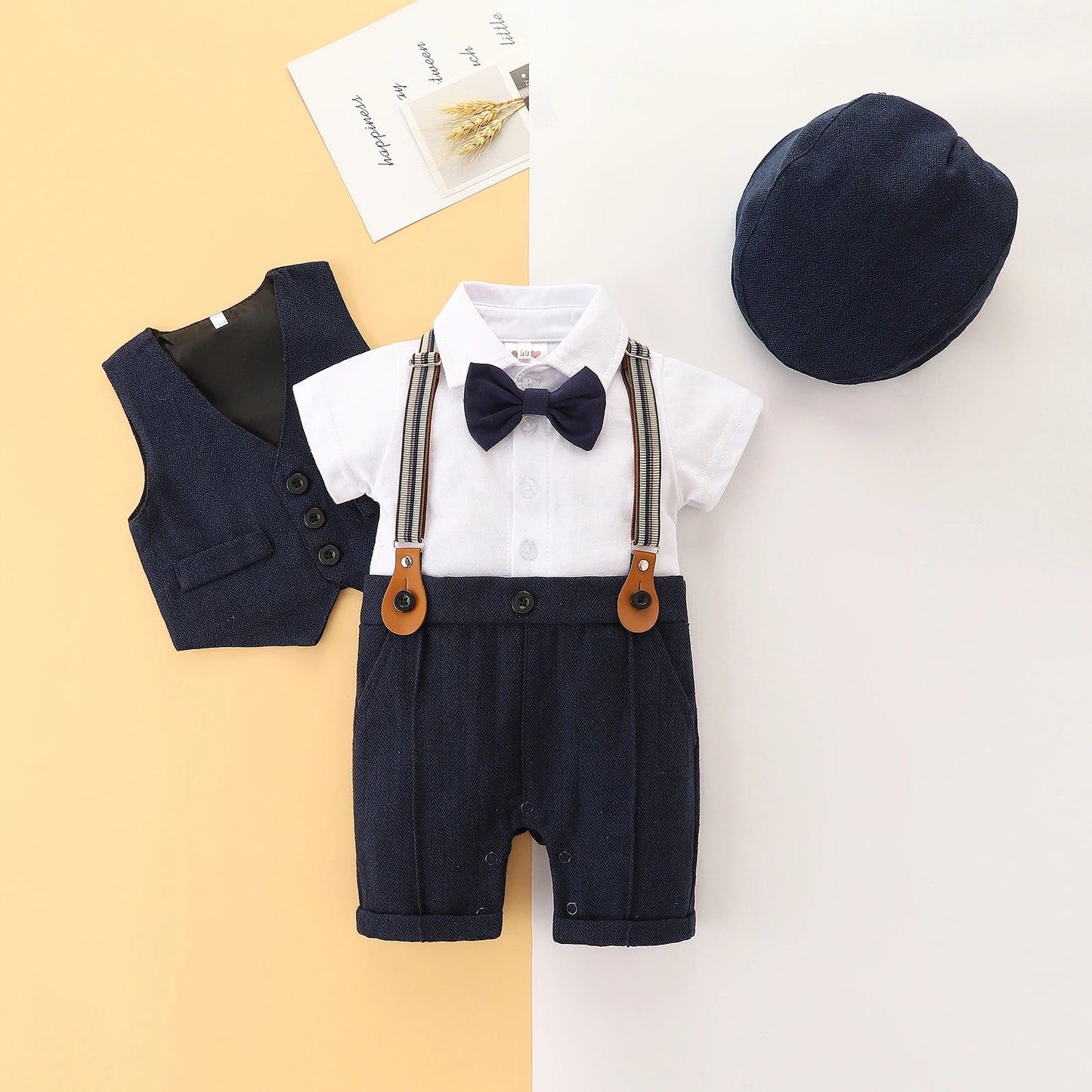 0-24M Baby Boys Gentleman Clothes Set - 3pcs Short Sleeve Patchwork Bow Romper ,Vest Coat and Hat