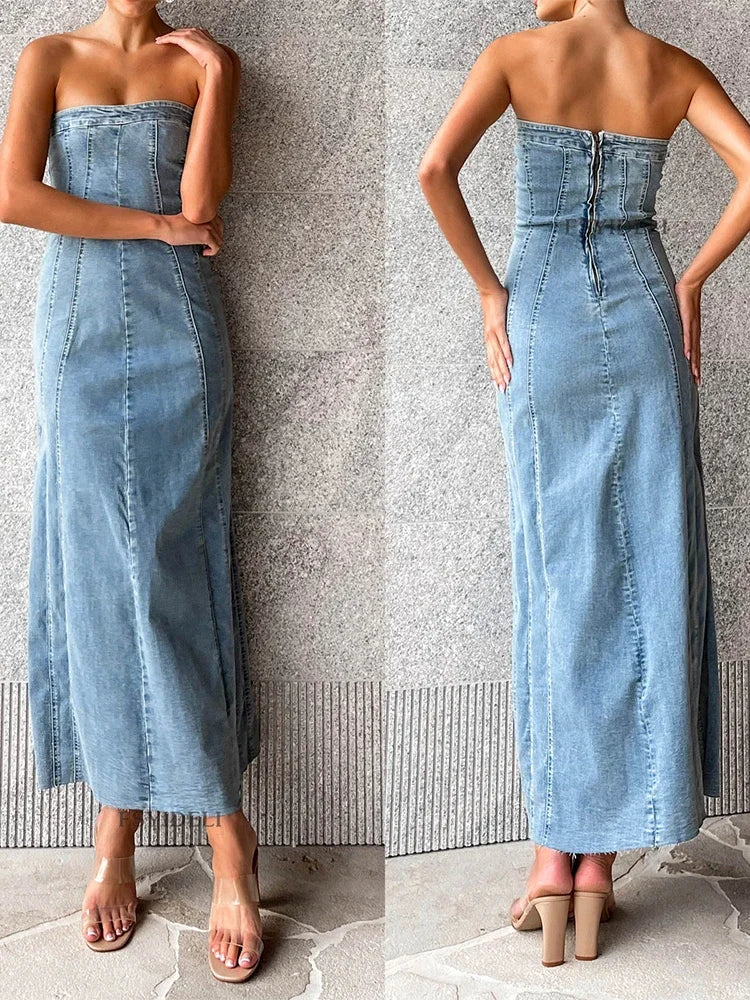 Women's Side Slit Denim Bodycon Sleeveless Maxi Dress