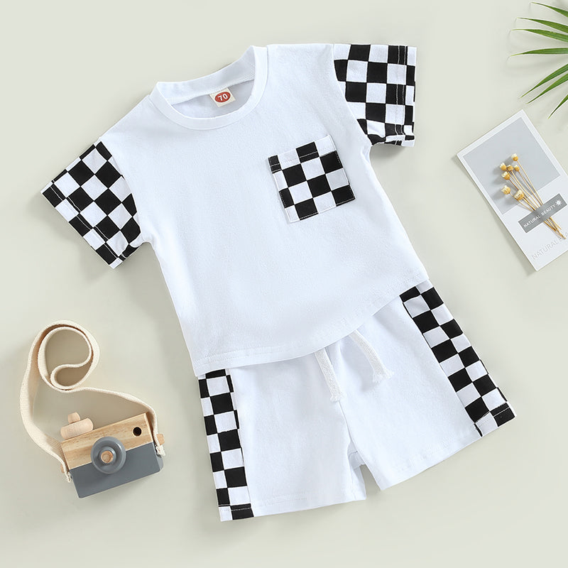 0-3Y Toddler Baby Boy Summer Clothes Sets Plaid Patchwork Short Sleeve Pocket T-Shirt and Elastic Waist Shorts