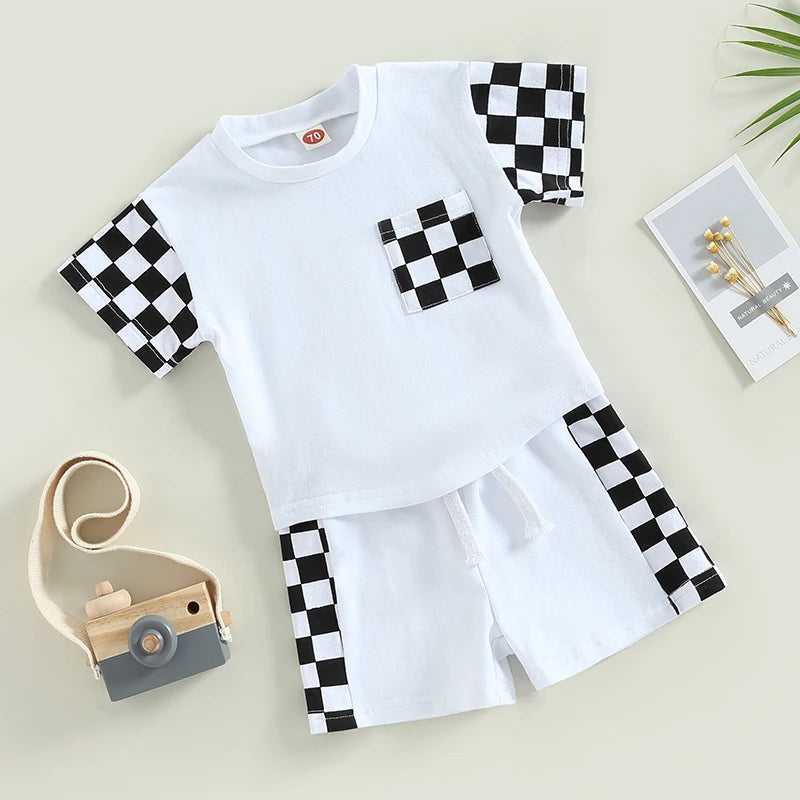 0-3Y Toddler Baby Boy Summer Clothes Sets Plaid Patchwork Short Sleeve Pocket T-Shirt and Elastic Waist Shorts