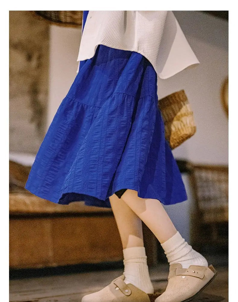 Women's Blue Seersucker Sleeveless A-Line Beach Dress - Summer Vacation Strappy Slip Dress