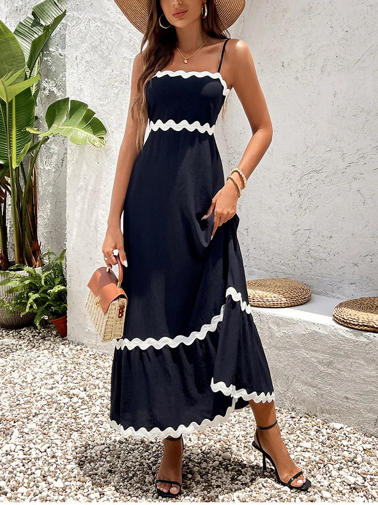 Elegant Ice Silk Spaghetti Strap Maxi Dress Round Neck Sleeveless Flower Trim A-Line Dress