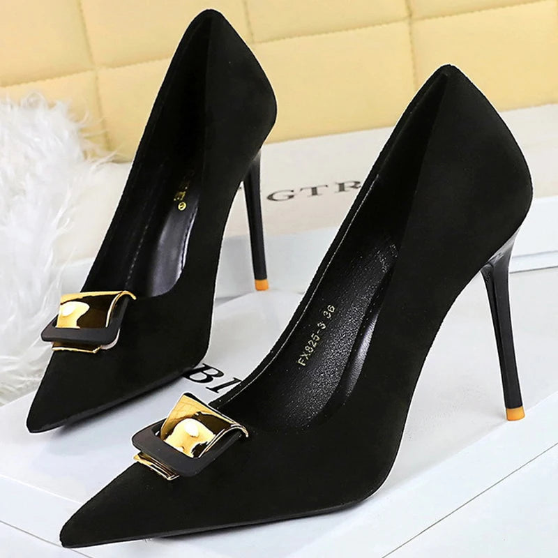 Women's Metal Buckle Decoration Pumps Suede High Heels Stilettos Heels Shoes