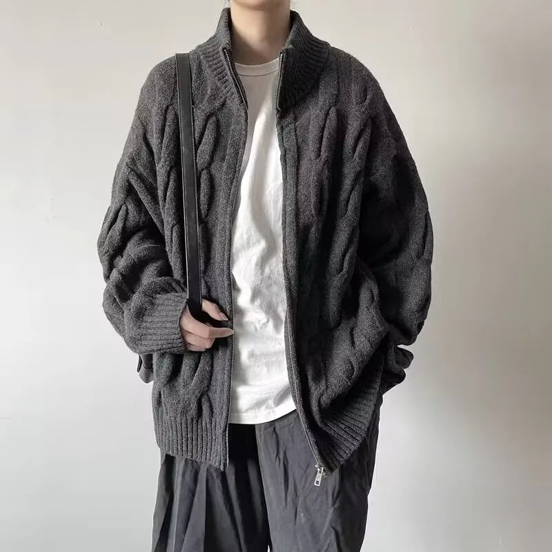 Men's Autumn Winter Stand Collar Cardigan - Loose Knit Sweater Coat