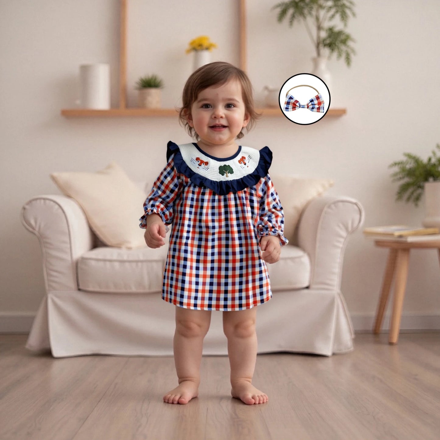 Toddler Baby Girls' Plaid Romper Dress - Animal Embroidery Smocked Jumpsuit with Headband