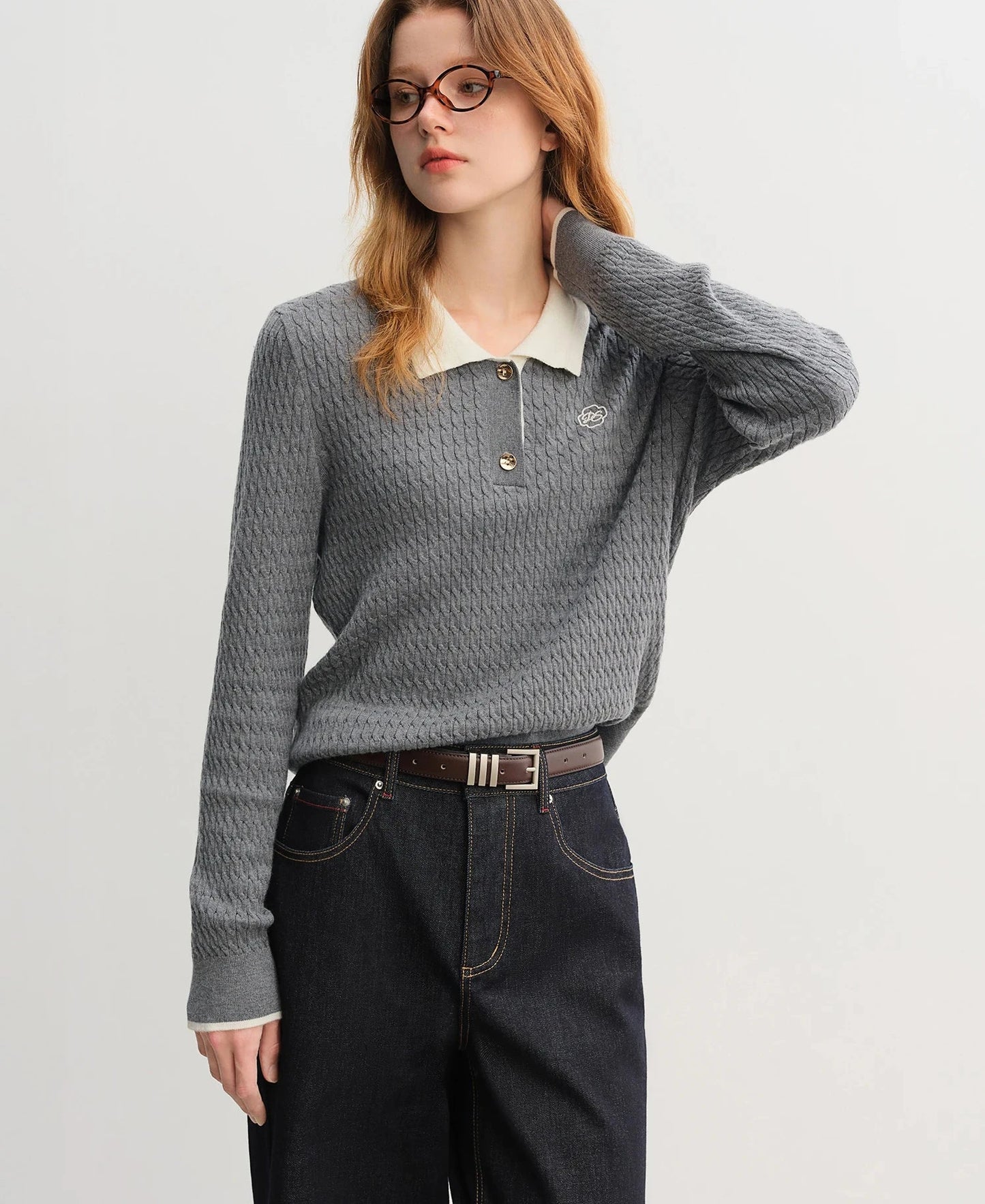 Ribbed Knit Polo Top - Relaxed Fit Collared Pullover