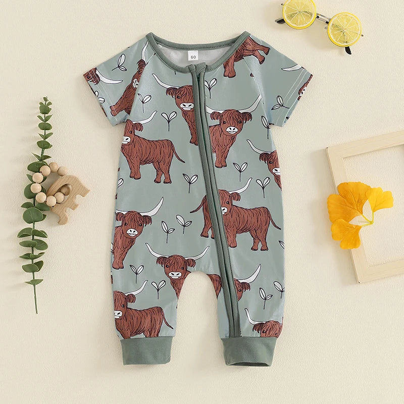 0-18M Infant Baby Girls Boys Western Romper Cow Cattle Print Short Sleeve Zip-Up Toddler Jumpsuits Clothes