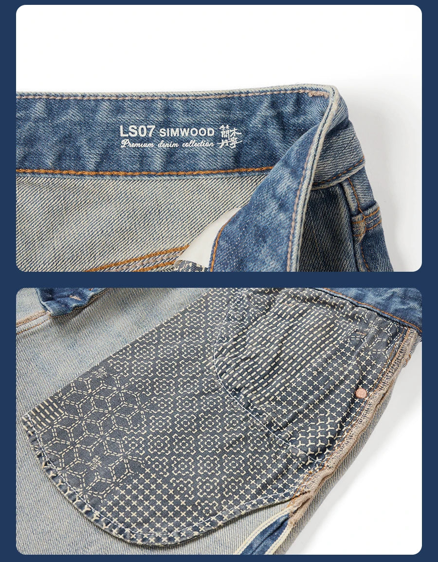 Men's Premium Selvedge Denim Jeans - 14.3oz Cotton Loose Straight Patchwork