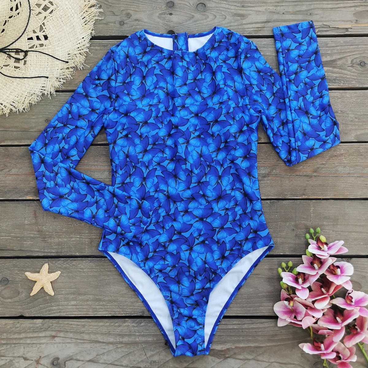 Women's Print One Piece Swimsuit  with Skirt - Monokini Print Long Sleeve Beachwear