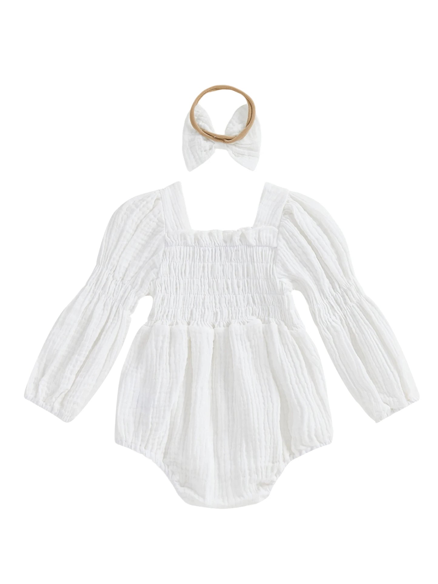 Baby Romper Set - Long Sleeve Smocked Jumpsuit with Headband