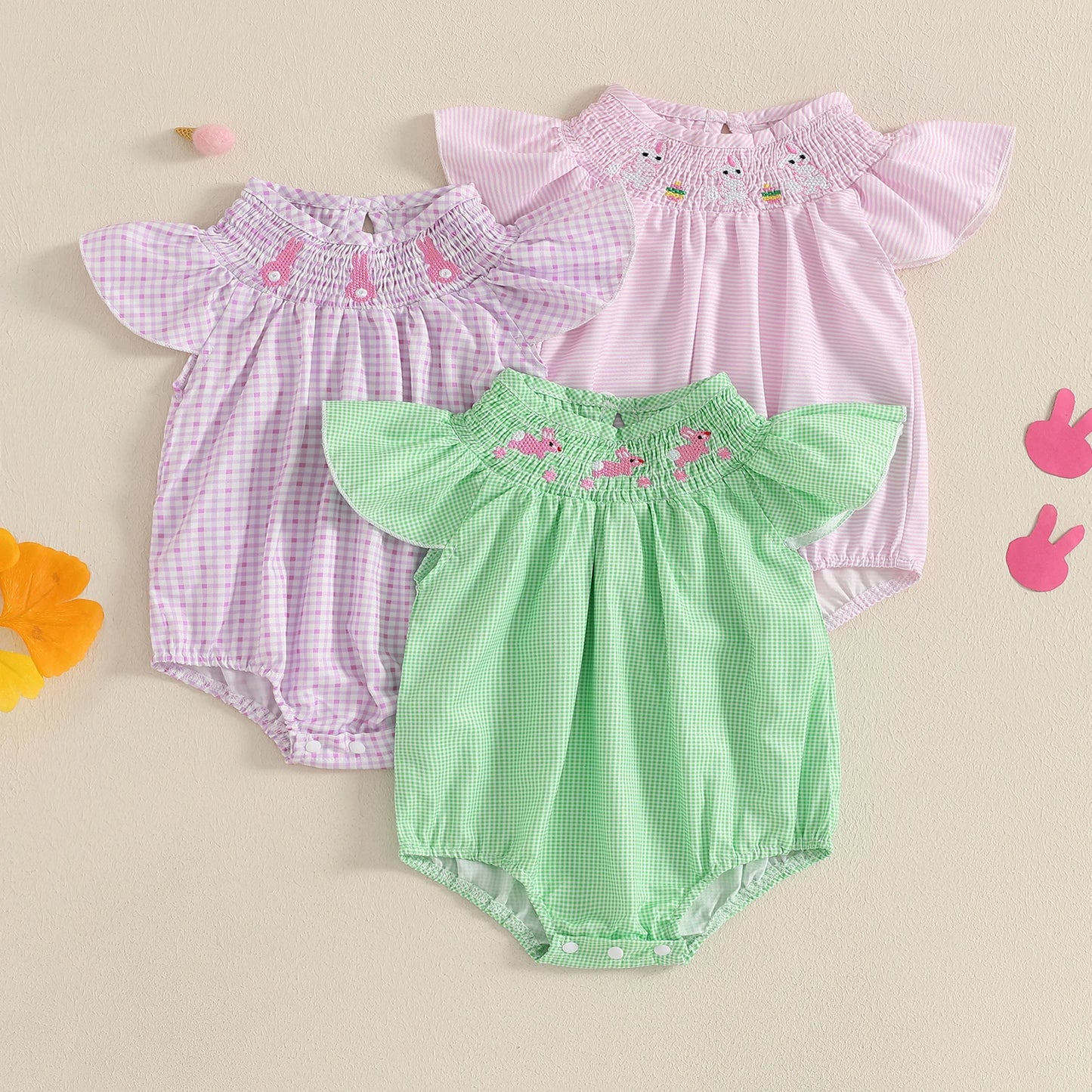 Baby Girls Easter Romper - Rabbit Embroidery Plaid Smocked Jumpsuit