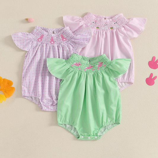 Baby Girls Easter Romper - Rabbit Embroidery Plaid Smocked Jumpsuit