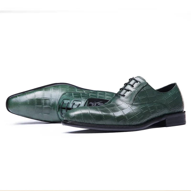 Crocodile Pattern Square Toe Brogue Leather Oxford Shoes
