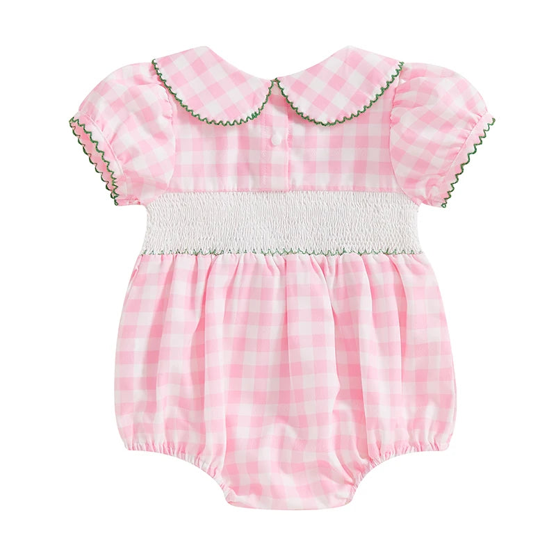 Baby Girls Summer Plaid Romper with Golf Embroidery - Doll Collar Jumpsuit (0-18M)