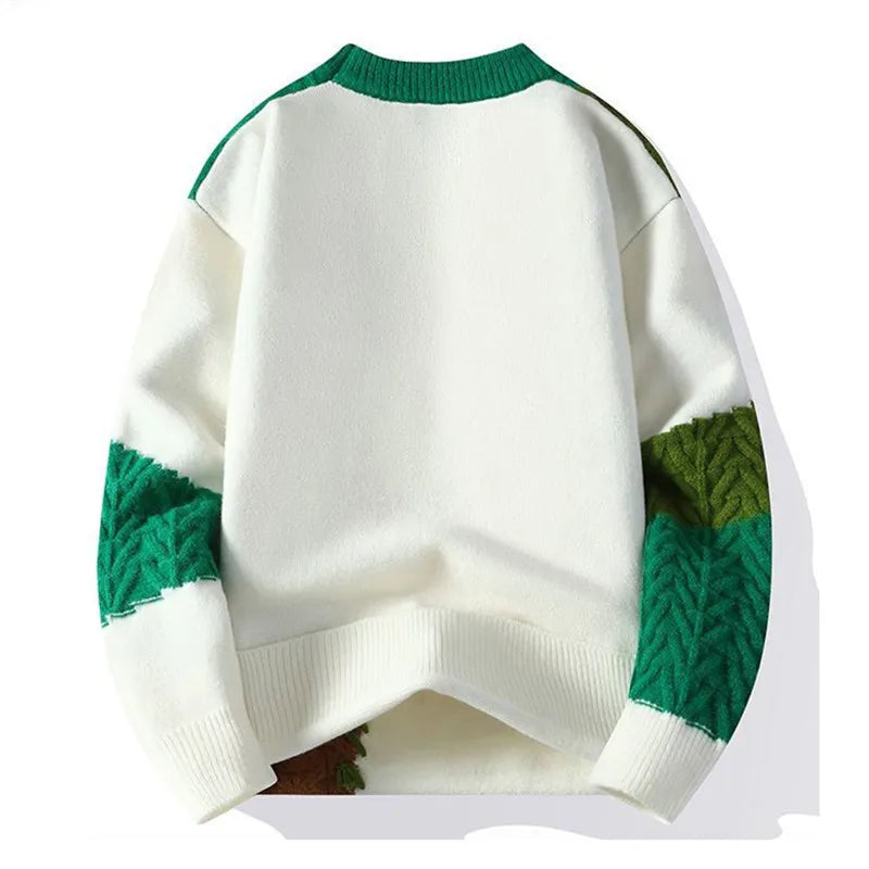 Men's Patchwork Knit Pullover Loose Knitted Round Neck Sweater