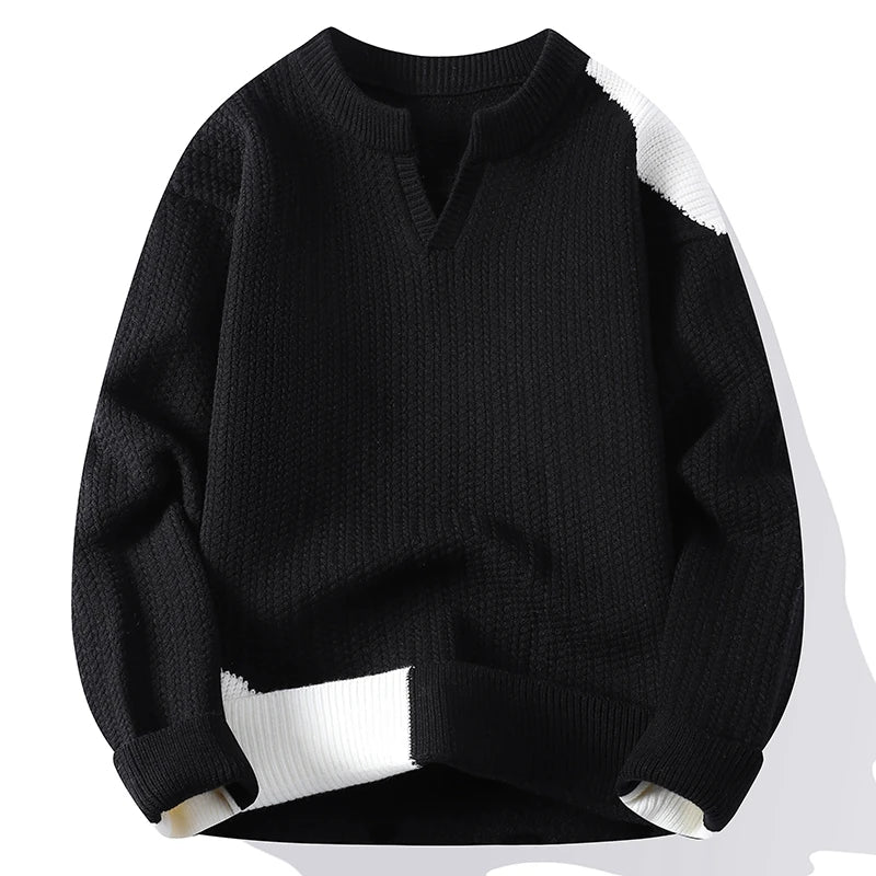 Men's Winter Knitted Sweater - V-Neck Patchwork Pullover