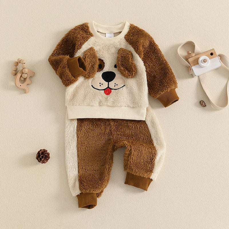 0-4Y Baby Boys Fall Clothes Sets Cute Dog Pattern Plush Long Sleeve Sweatshirt and Pants 2pcs