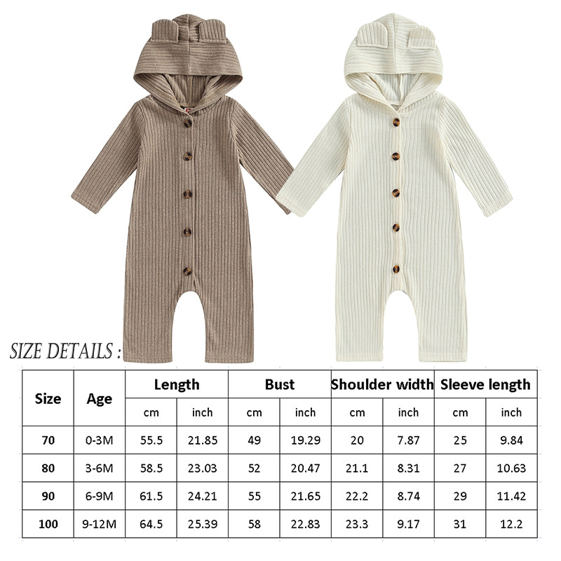 0-12M Autumn Baby Romper - Solid Colour Long Sleeve Hooded Jumpsuit for Boys & Girls