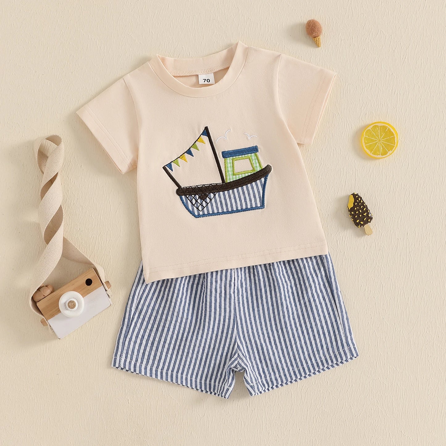 0-3Y  Casual Kids Boys Clothes Sets Boat Embroidery Short Sleeve T-shirt Striped Elastic Waist Shorts