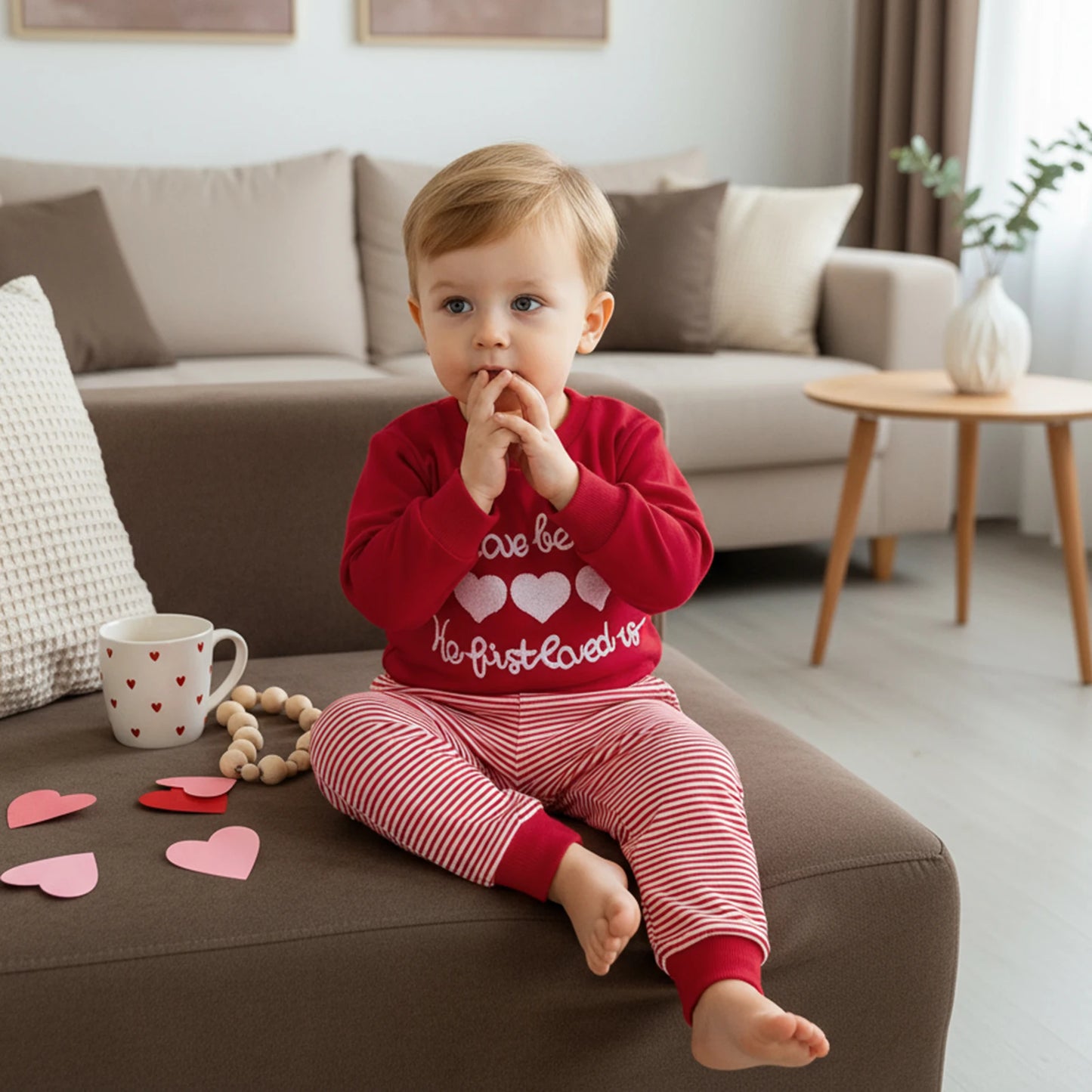 Valentine's Day Baby Boys Outfit Set - Heart Embroidery Sweatshirt & Stripe Pants