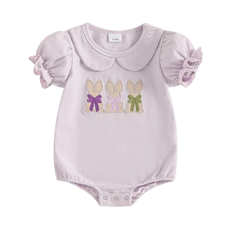 Baby Girls Easter Romper with Rabbit Embroidery - Peter Pan Collar Jumpsuit (0-18M)