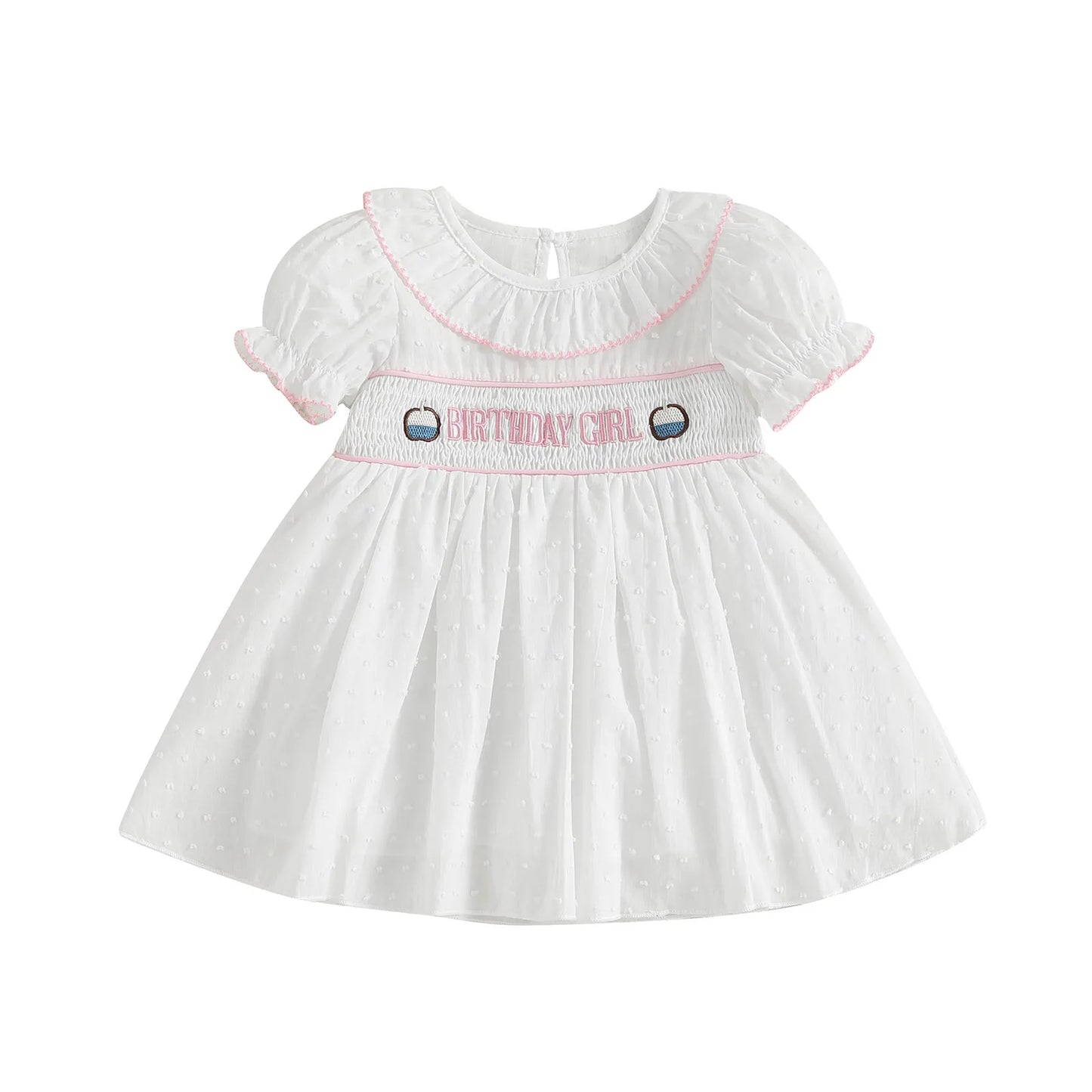 0-4Y  Kids Girls Birthday Dress 2 Style Short Sleeve Cake Embroidery Smocked Dress Summer A-Line Dress