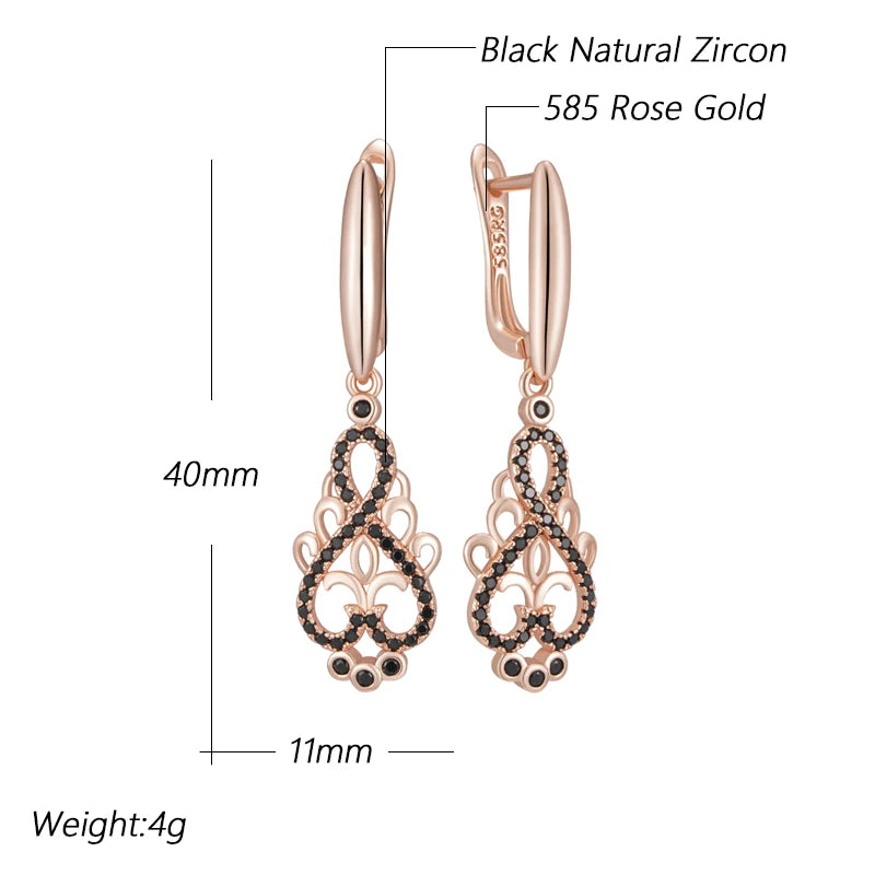 Rose Gold Crystal Flower Long Dangle Earrings - Black Zircon Women's Jewelry