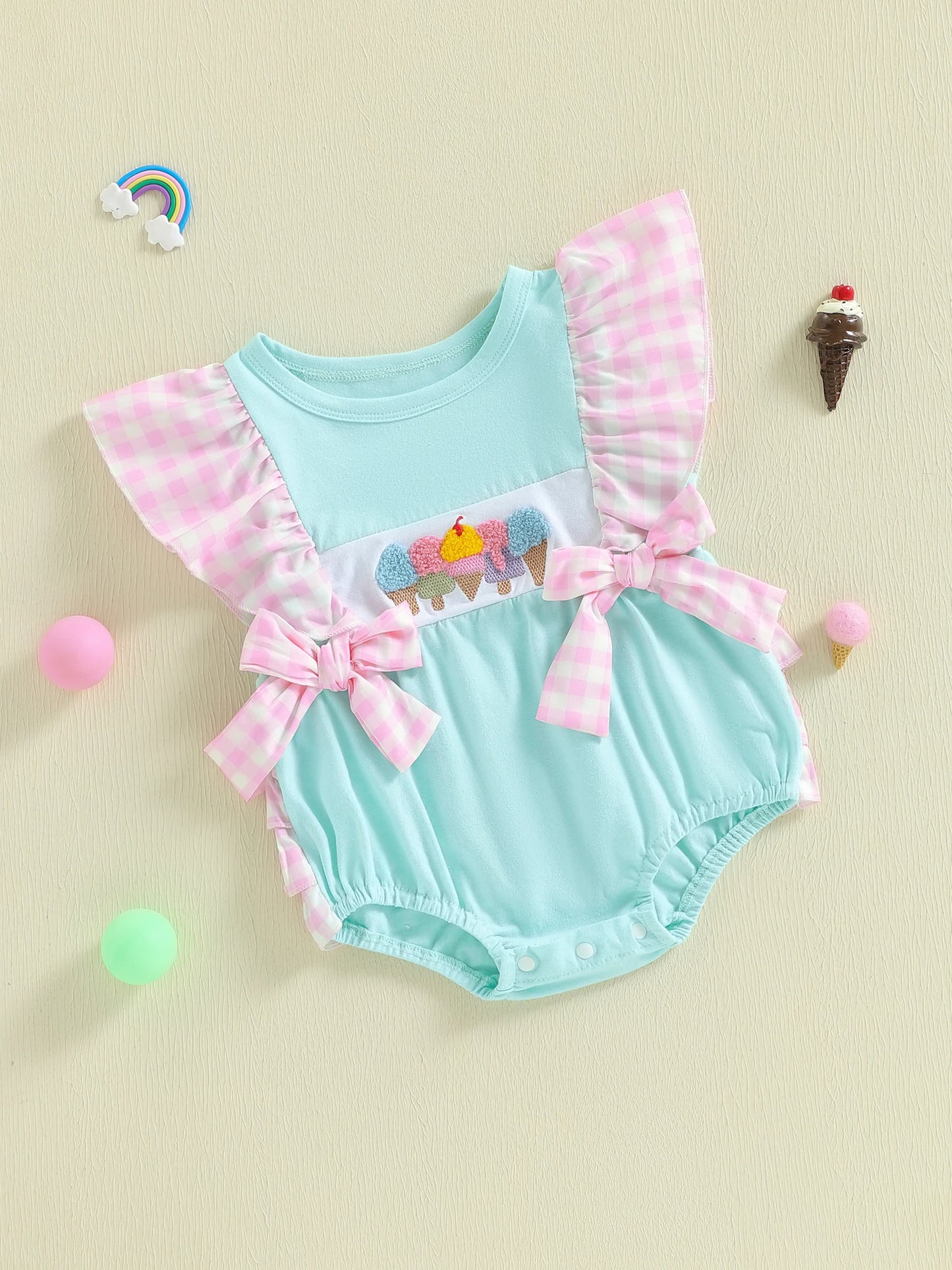 Baby Summer Romper - Plaid Flutter Sleeve Ice Cream Embroidery Jumpsuit
