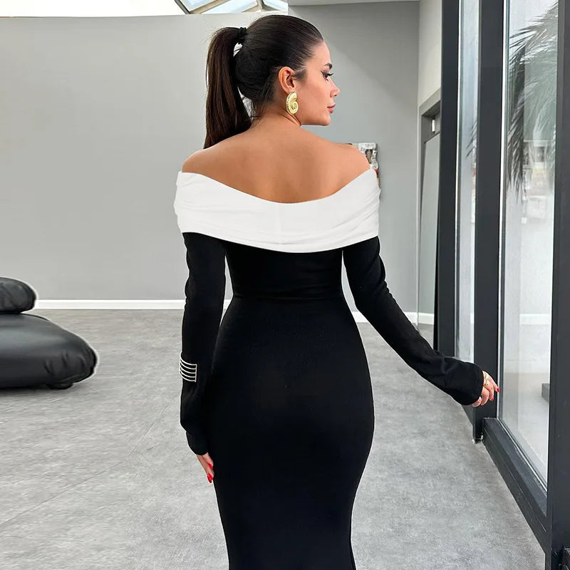 Women's Off-Shoulder Long High Waist Elegant Gown Long Sleeve Splice Bodycon Dress