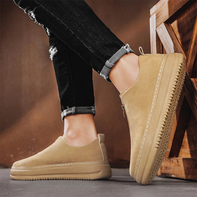 Men's Suede Leather Platform Work Shoes - Zipper Casual Business Sneakers