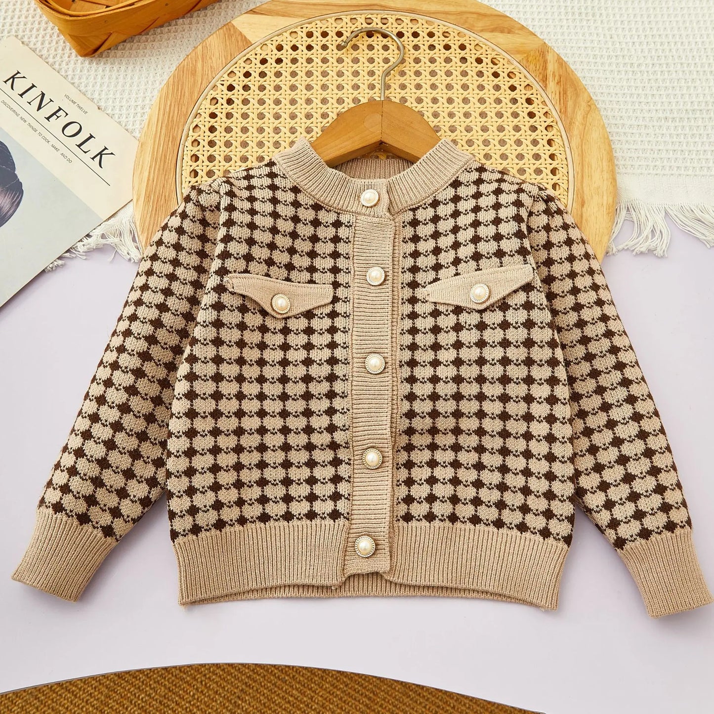 Girls Winter Knitted Cardigan & Skirt Set – Checkered Plaid