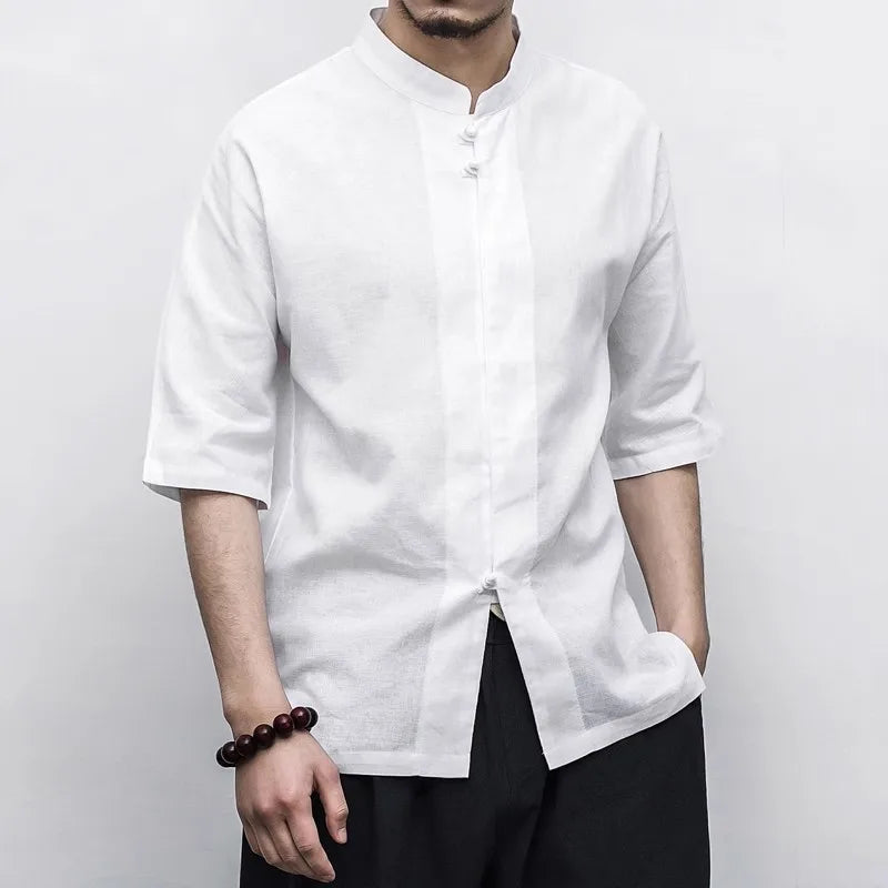 Men's Summer Loose Casual Cotton Linen Half Sleeve Chinese Style Stand Collar Shirt