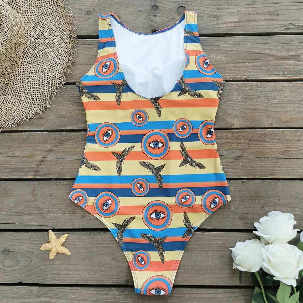 Women's Print One Piece Swimsuit Vintage Retro Backless Monokini