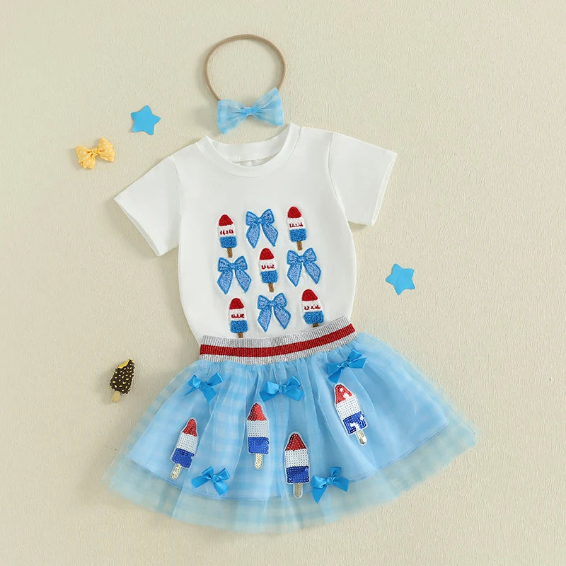 0-6Y Kids Girls American Flag Clothes Sets Bow Embroidery Short Sleeve T Shirt Mesh Lace Skirt Headband