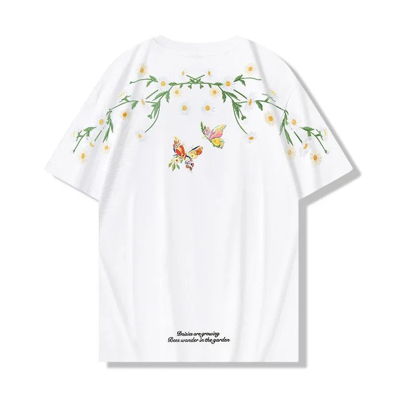 Men's Guochao short-sleeved Butterfly Embroidery Round Neck Cotton T-Shirt