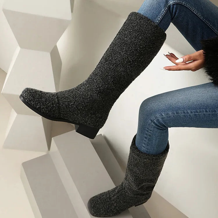 Women's Artificial Wool Winter Knee High Boots with Short Plush Lining