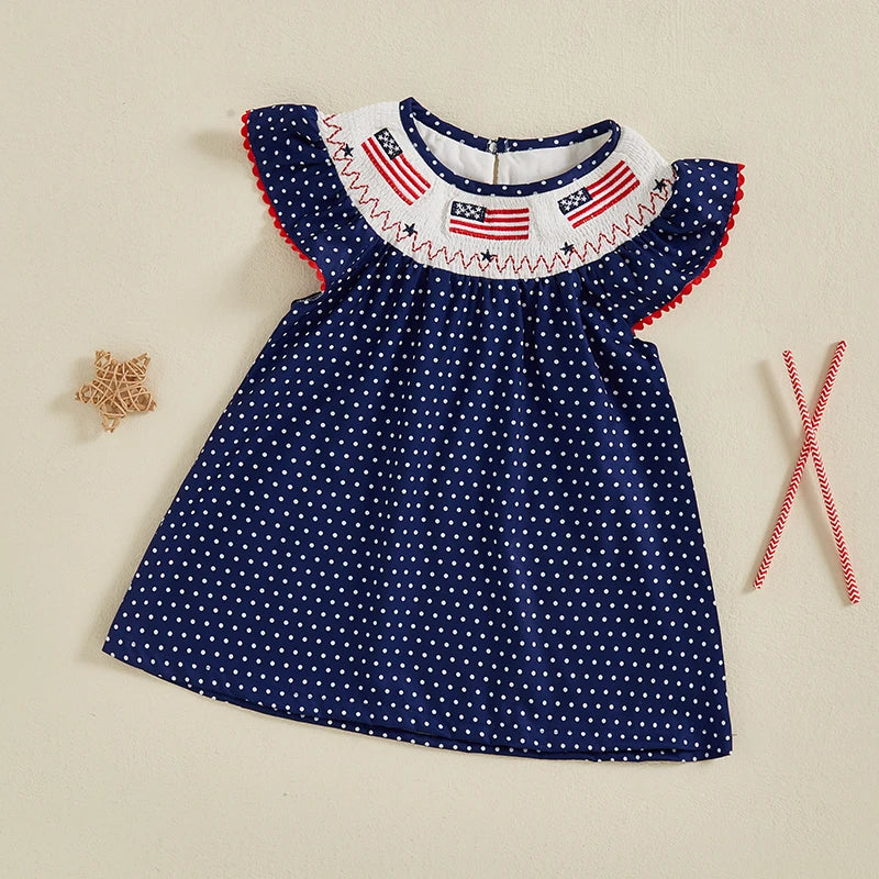 Kids Girls Dress 0-5Y USA Flag Embroidery Dot/Plaid Print Short Sleeve A-Line Dress