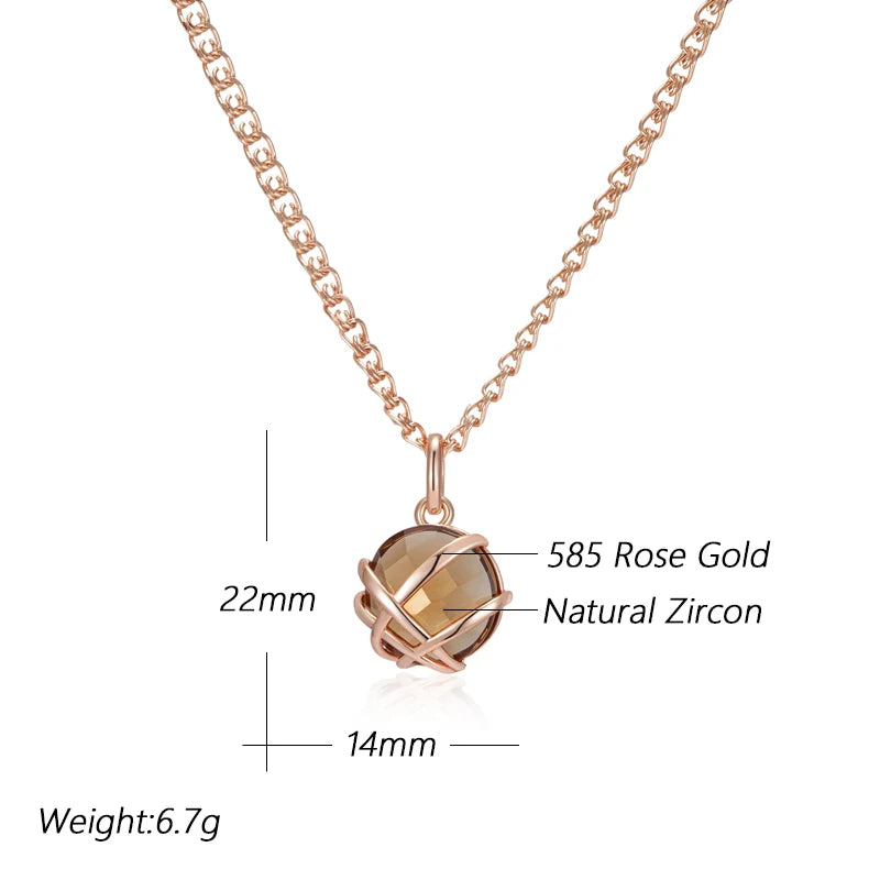 Women's 585 Rose Gold Color Glossy Metal Light Brown Natural Zircon Pendant Necklace