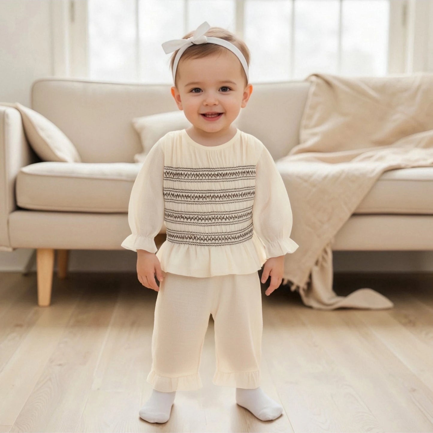 Toddler Baby Girl Fall Outfit - Smocked Long Sleeve Top & Elastic Waist Ruffle Pants Set