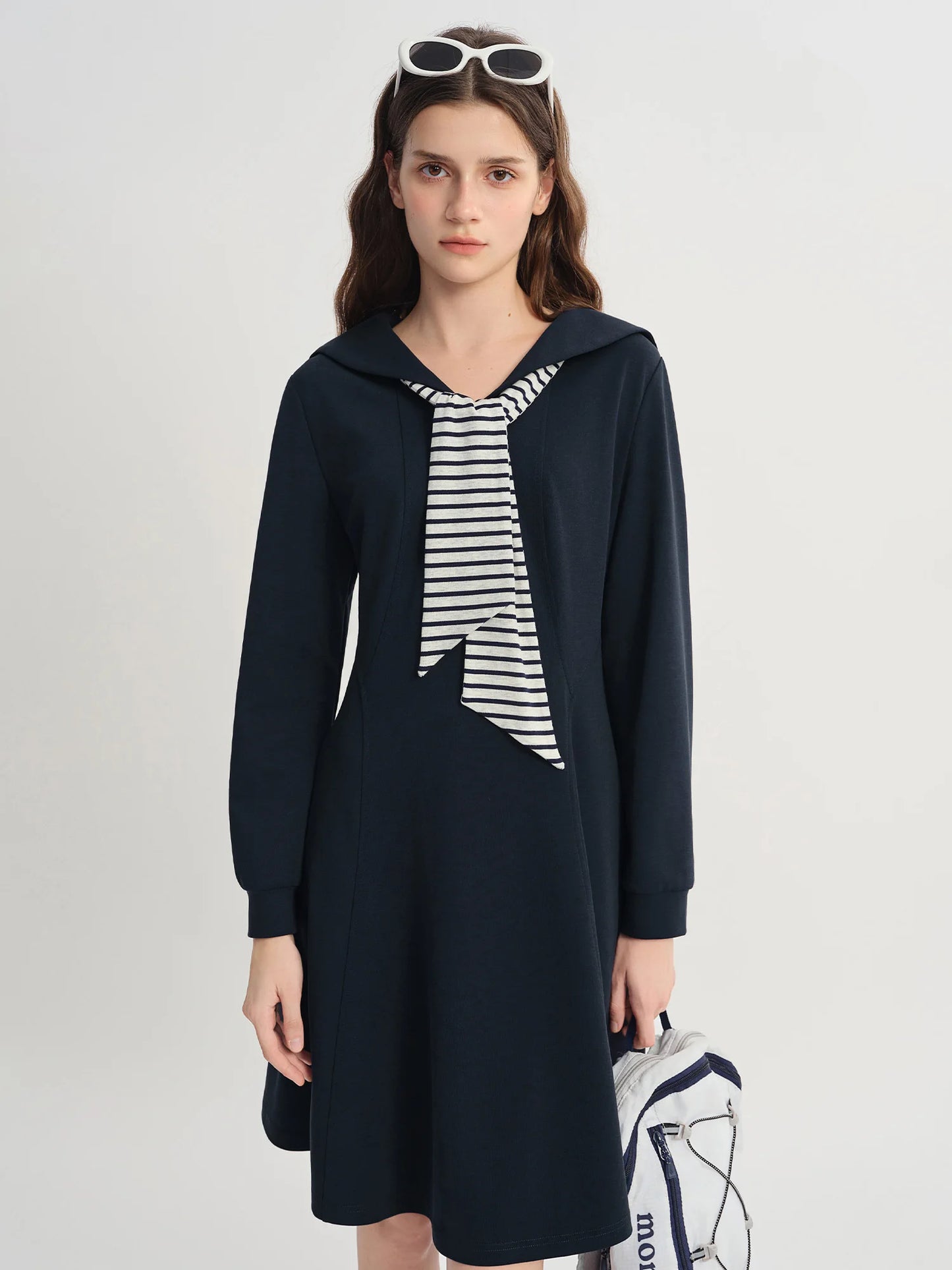 College Style Contrasting Color Wraparound V-Neck Long Dress