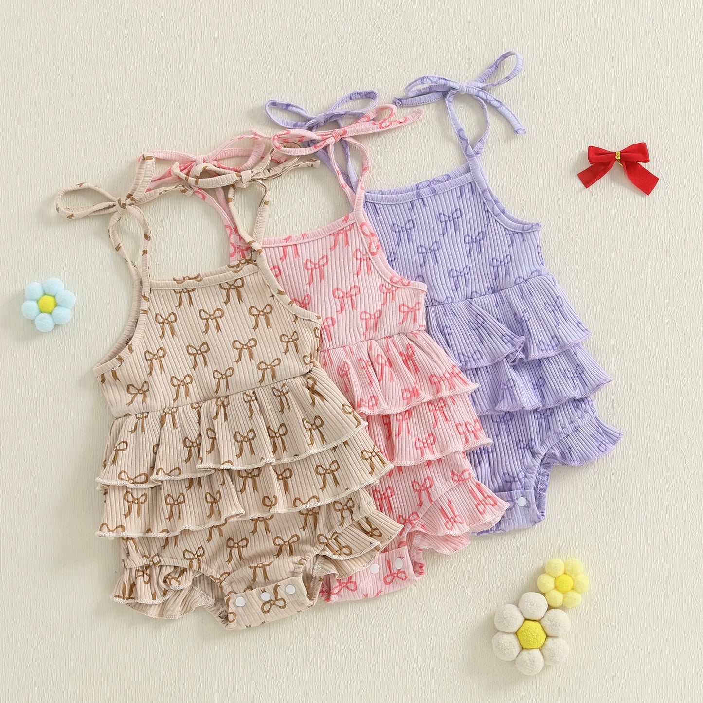 Bow Print Layered Ruffle Spaghetti Strap Baby Romper