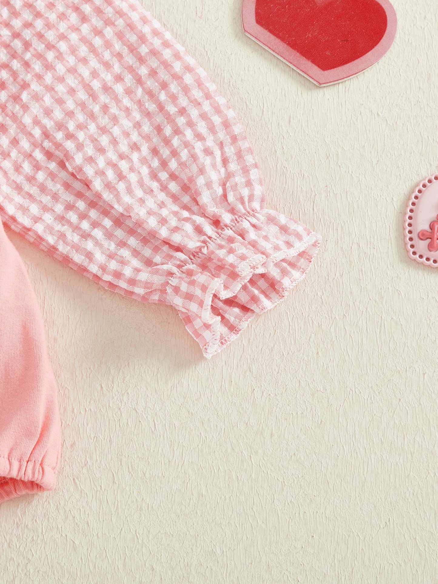 Baby Girls Boys Valentine's Day Letter Heart Embroidery Plaid Long Sleeve Doll Collar Romper