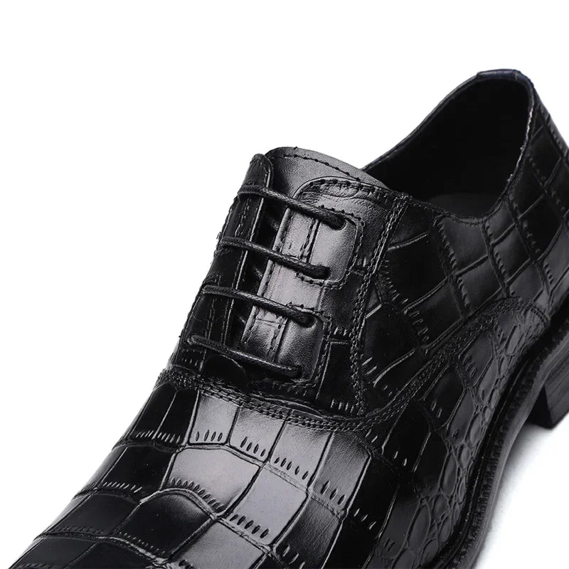 Crocodile Pattern Square Toe Brogue Leather Oxford Shoes