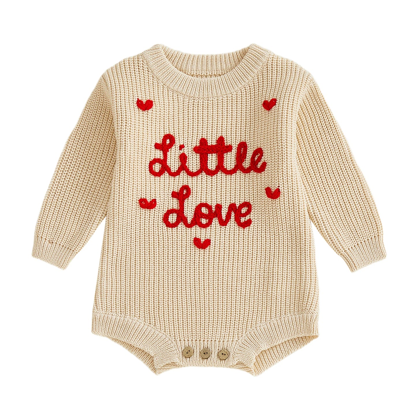Valentine's Day Baby Knit Romper - Long Sleeve Heart Embroidery Jumpsuit