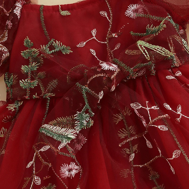 Baby Girls Princess Romper Dress - Flower Embroidery Mesh Skirt Bodysuit