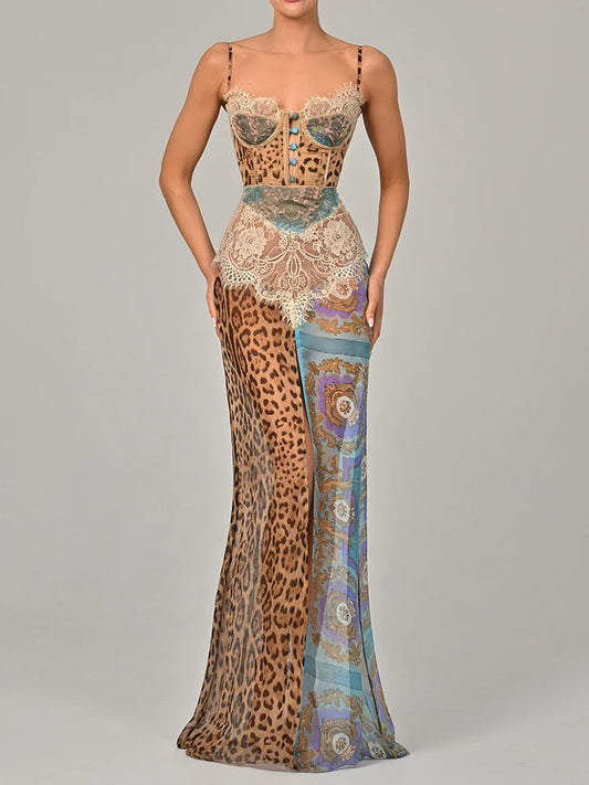 Women's Leopard Print Lace Split Maxi Gown Elegant Patchwork Chiffon Sleeveless Backless Beach Evening Dress