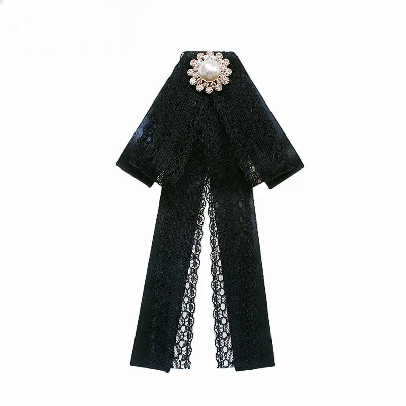 Black Fabric Bow Brooch - College Style Crystal Collar Pin