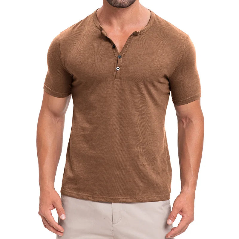 Men's Summer Henry Collar Short Sleeve Casual Pullover T-Shirt