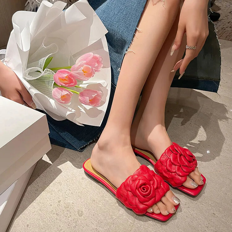 Women's 3D Flower Handmade Rose Head Layer Cowhide Open Toe Square Toe Slippers