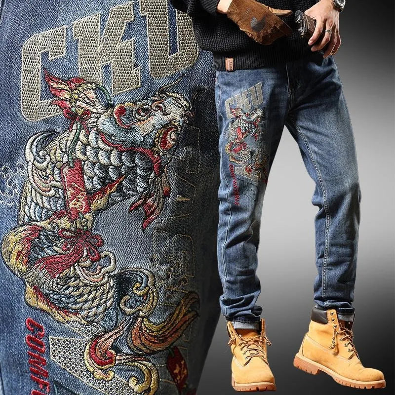 Men's Chinese Embroidered Slim Jeans - Elastic Fit